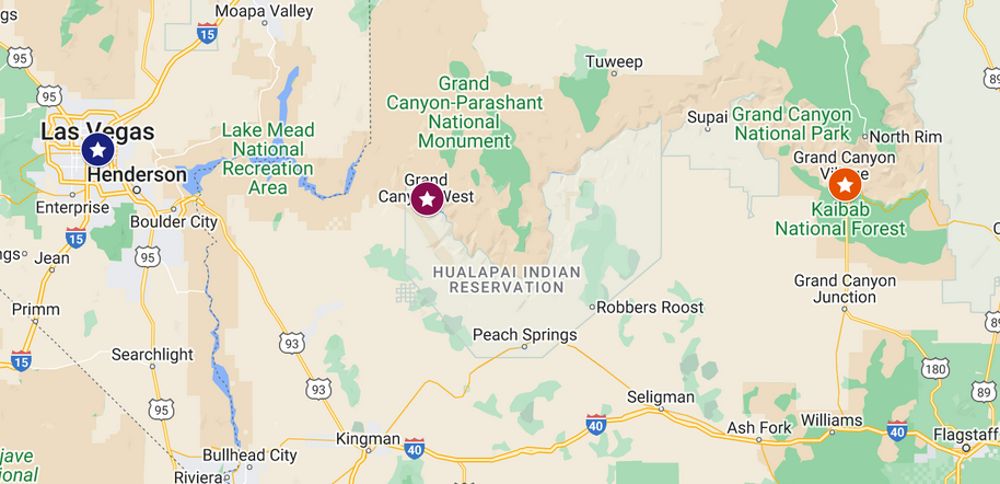 Où sont situés le Grand Canyon South, le Grand Canyon West et Las Vegas ?